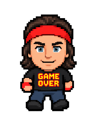 Roaring Kitty with a red headband, long brown hair, light eyes and a black Game Over shirt