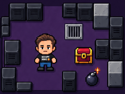 BOMBSTOCK mine scene: Elon, a bomb, and a reward chest among dark blocks